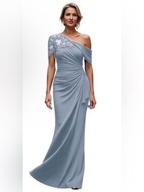 Elegant One-Shoulder Light Blue Evening Chiffon Gown Sz 12